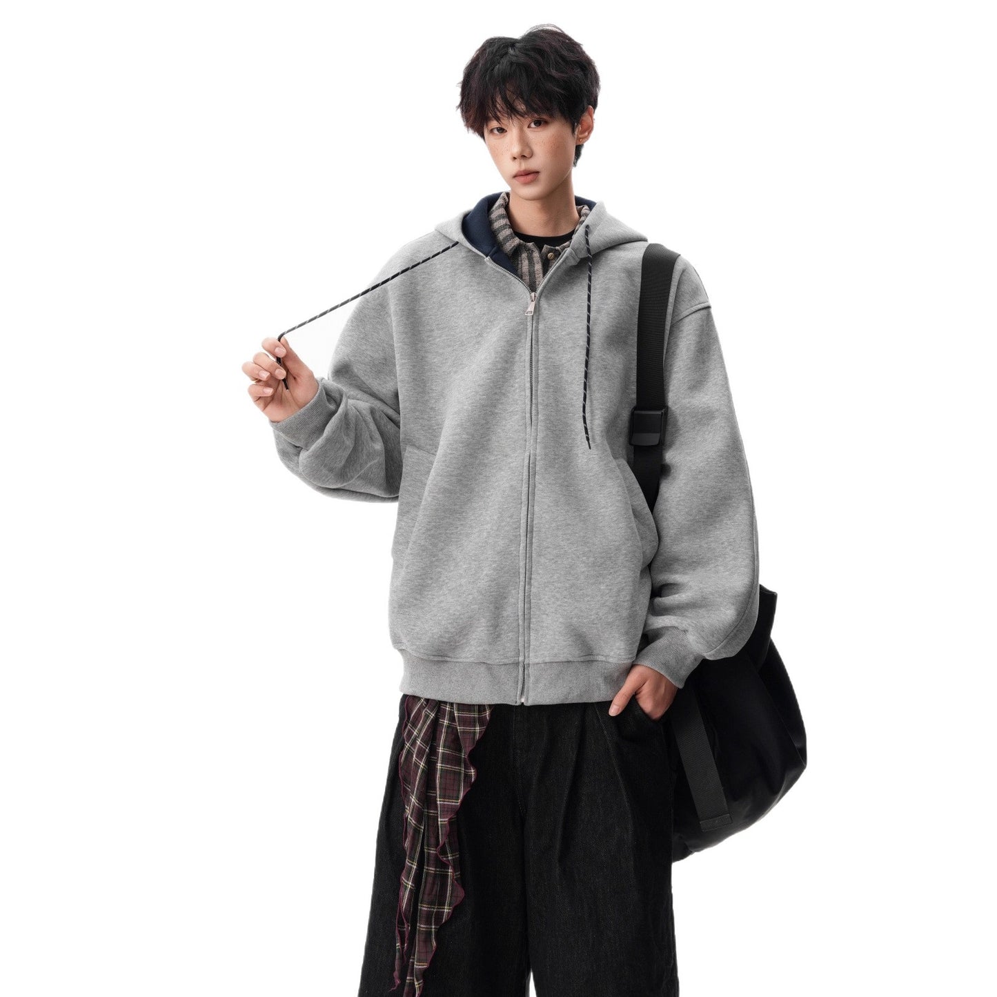 Style Heavyweight Color-Blocked Hoodie for Men and Women, Autumn Double-Zipper Couple Jacket, Loose College-Style Sport Cardigan