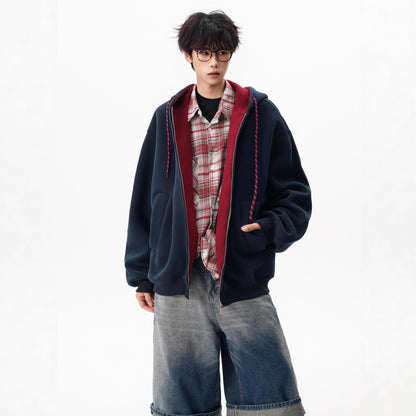 Style Heavyweight Color-Blocked Hoodie for Men and Women, Autumn Double-Zipper Couple Jacket, Loose College-Style Sport Cardigan