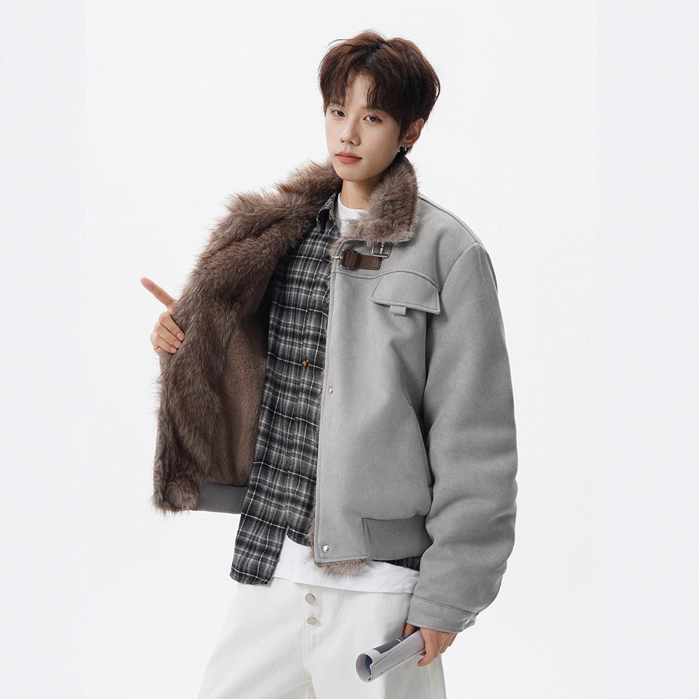 Retro Shearling Lapel Coat for Men Winter Fleece-Lined Thick Warm Loose Suede Motorcycle Style Cotton Jacket