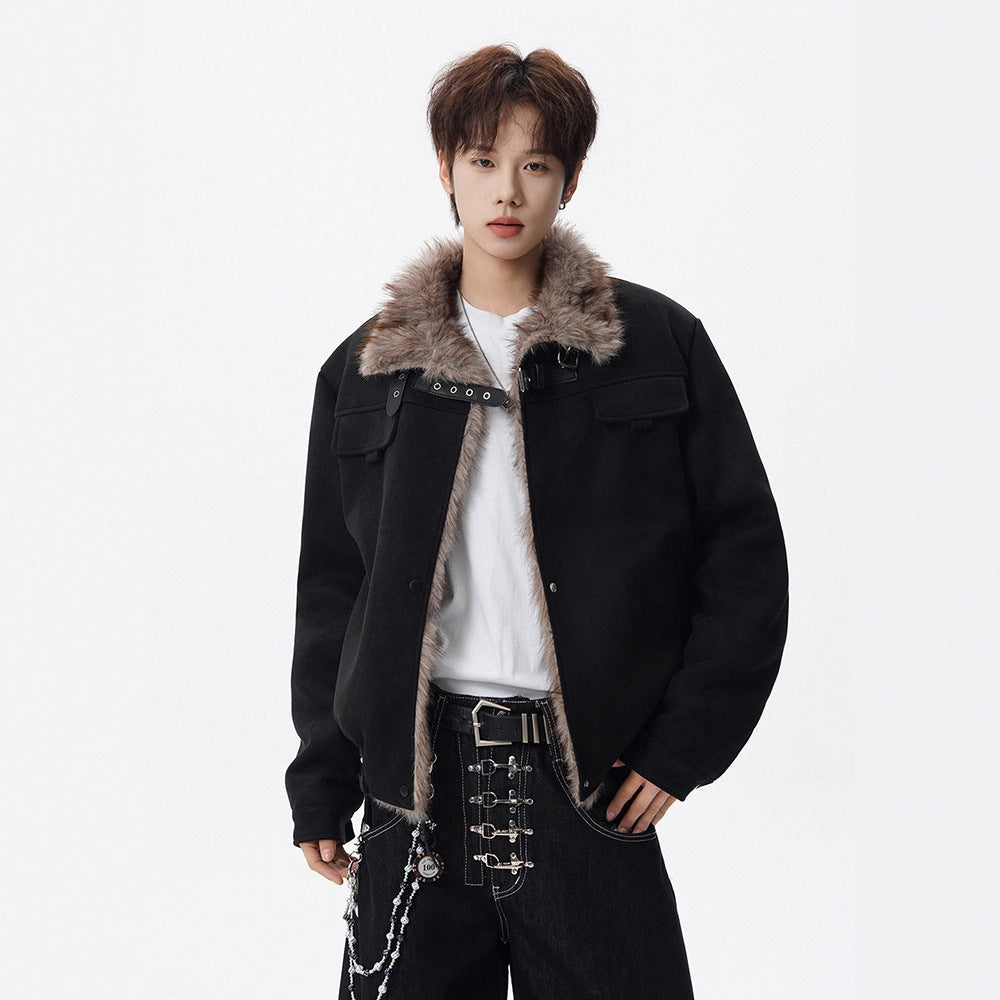 Retro Shearling Lapel Coat for Men Winter Fleece-Lined Thick Warm Loose Suede Motorcycle Style Cotton Jacket