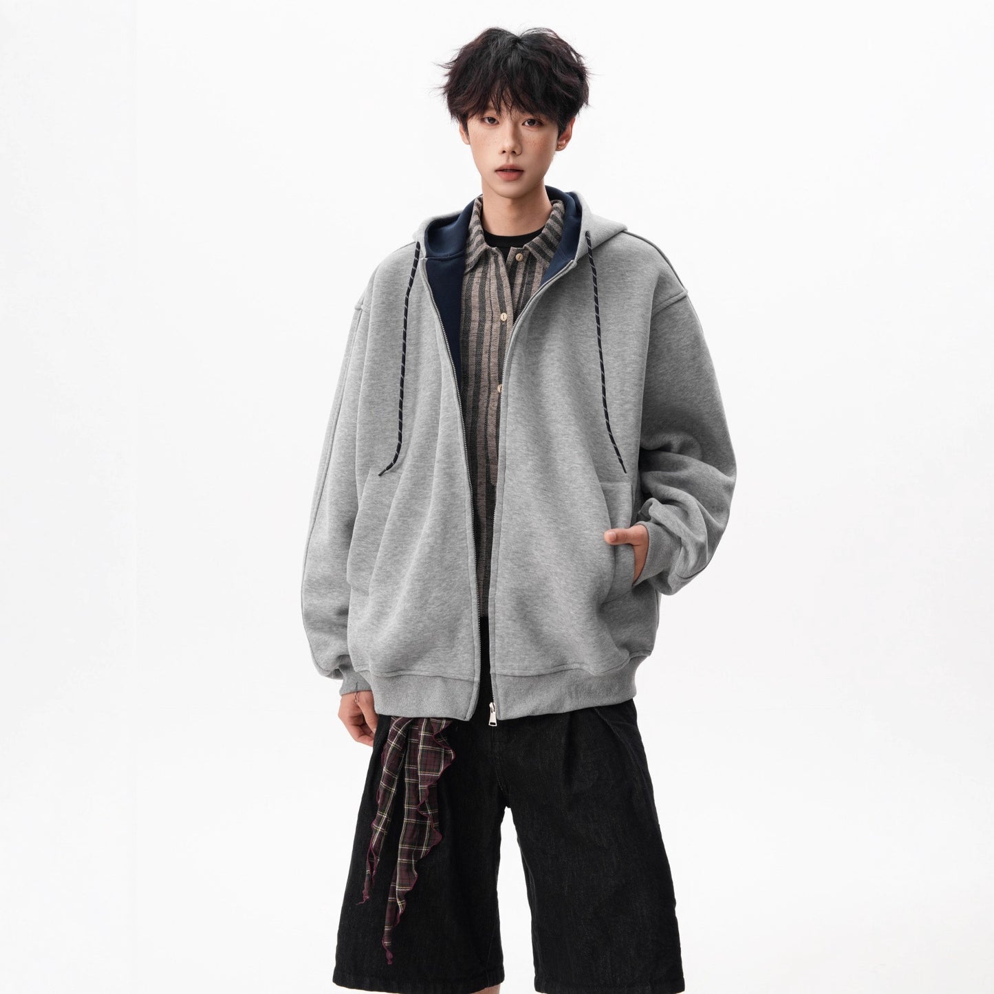 Style Heavyweight Color-Blocked Hoodie for Men and Women, Autumn Double-Zipper Couple Jacket, Loose College-Style Sport Cardigan