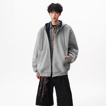 Style Heavyweight Color-Blocked Hoodie for Men and Women, Autumn Double-Zipper Couple Jacket, Loose College-Style Sport Cardigan