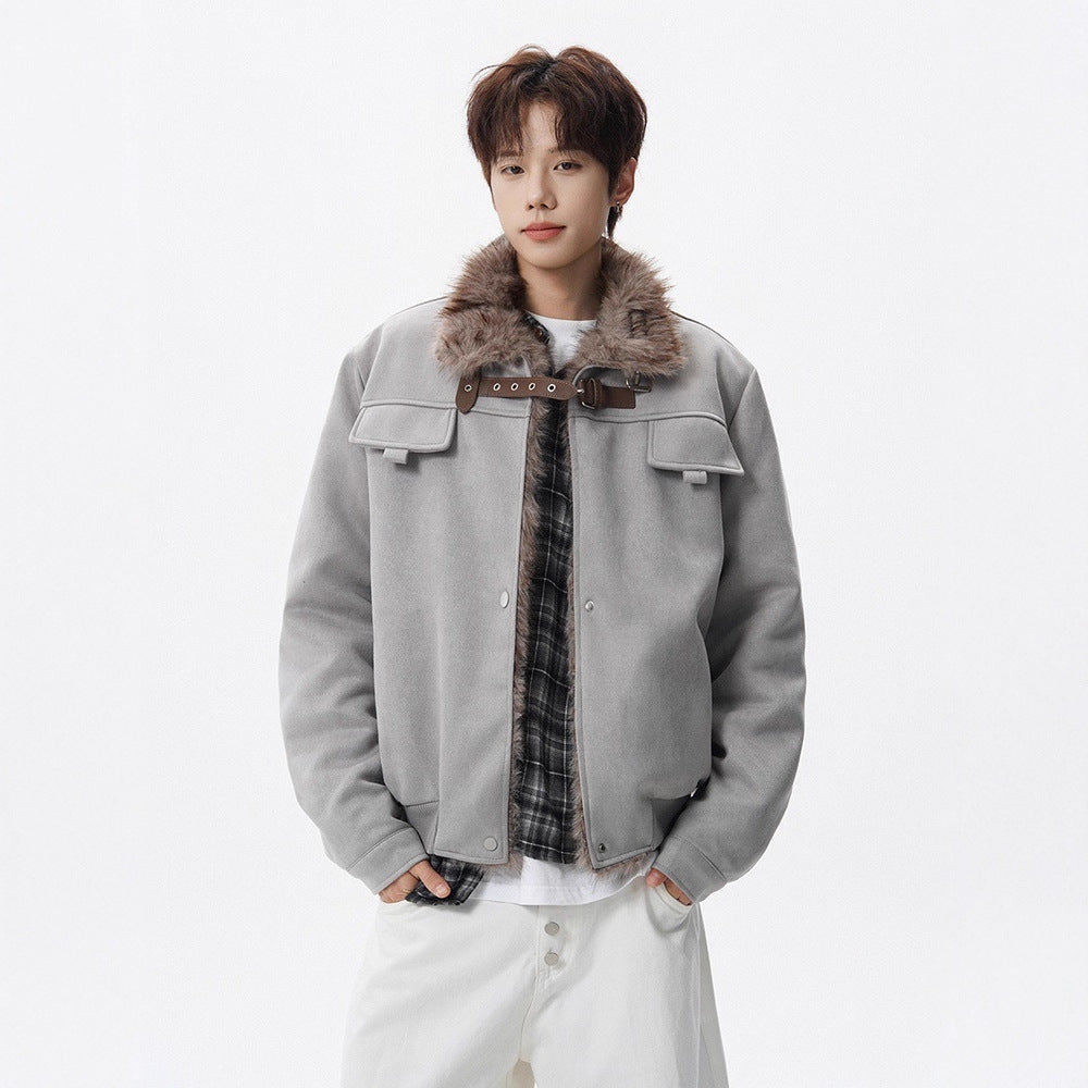 Retro Shearling Lapel Coat for Men Winter Fleece-Lined Thick Warm Loose Suede Motorcycle Style Cotton Jacket