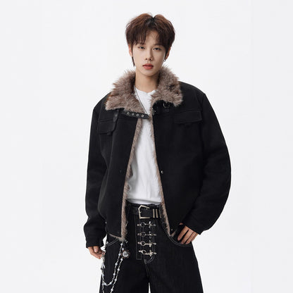 Retro Shearling Lapel Coat for Men Winter Fleece-Lined Thick Warm Loose Suede Motorcycle Style Cotton Jacket