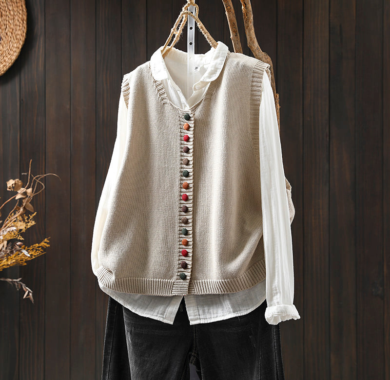 Colorful button cotton knitted vest for women