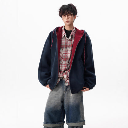 Style Heavyweight Color-Blocked Hoodie for Men and Women, Autumn Double-Zipper Couple Jacket, Loose College-Style Sport Cardigan