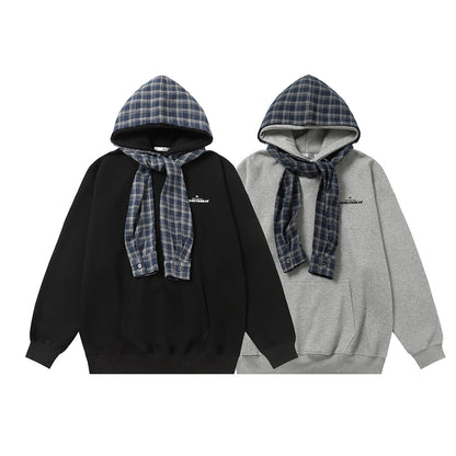 Fake two fleece hooded sweatshirts for men and women