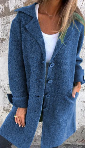 Solid color flip tie pocket cardigan single breasted mid length jacket