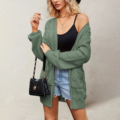 V-neck Fried Dough Twists long sleeve loose casual sweater coat