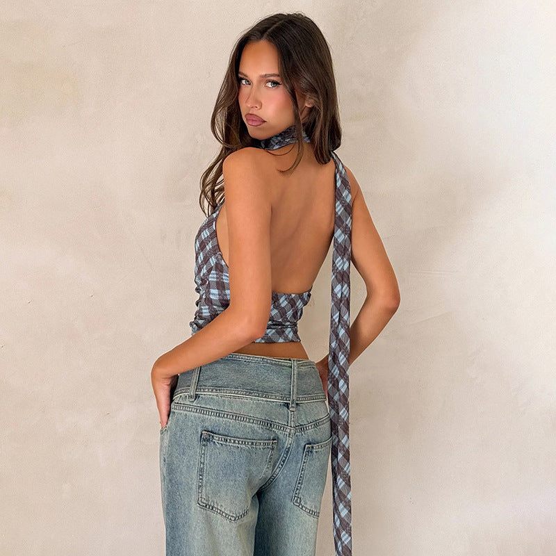 Hanging neck scarf collar backless slim fit retro checkered vest T-shirt