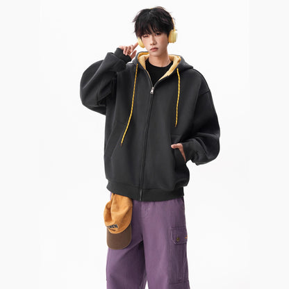 Style Heavyweight Color-Blocked Hoodie for Men and Women, Autumn Double-Zipper Couple Jacket, Loose College-Style Sport Cardigan