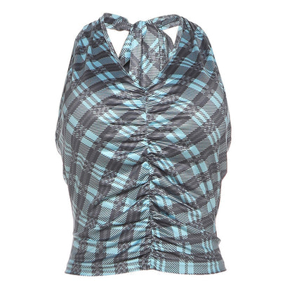 Hanging neck scarf collar backless slim fit retro checkered vest T-shirt