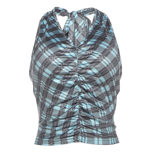 Hanging neck scarf collar backless slim fit retro checkered vest T-shirt