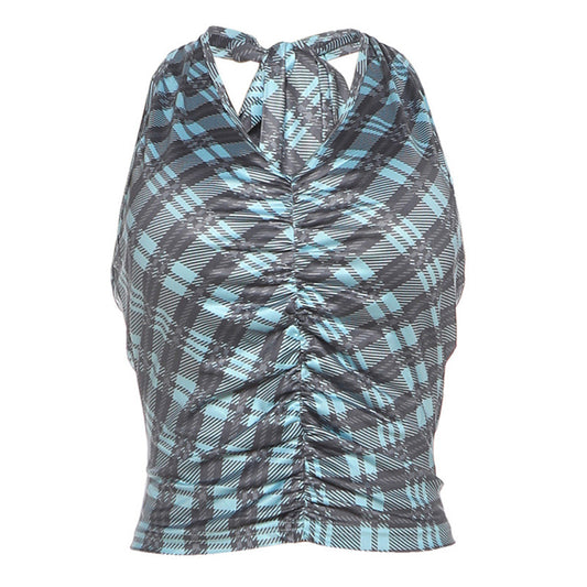 Hanging neck scarf collar backless slim fit retro checkered vest T-shirt