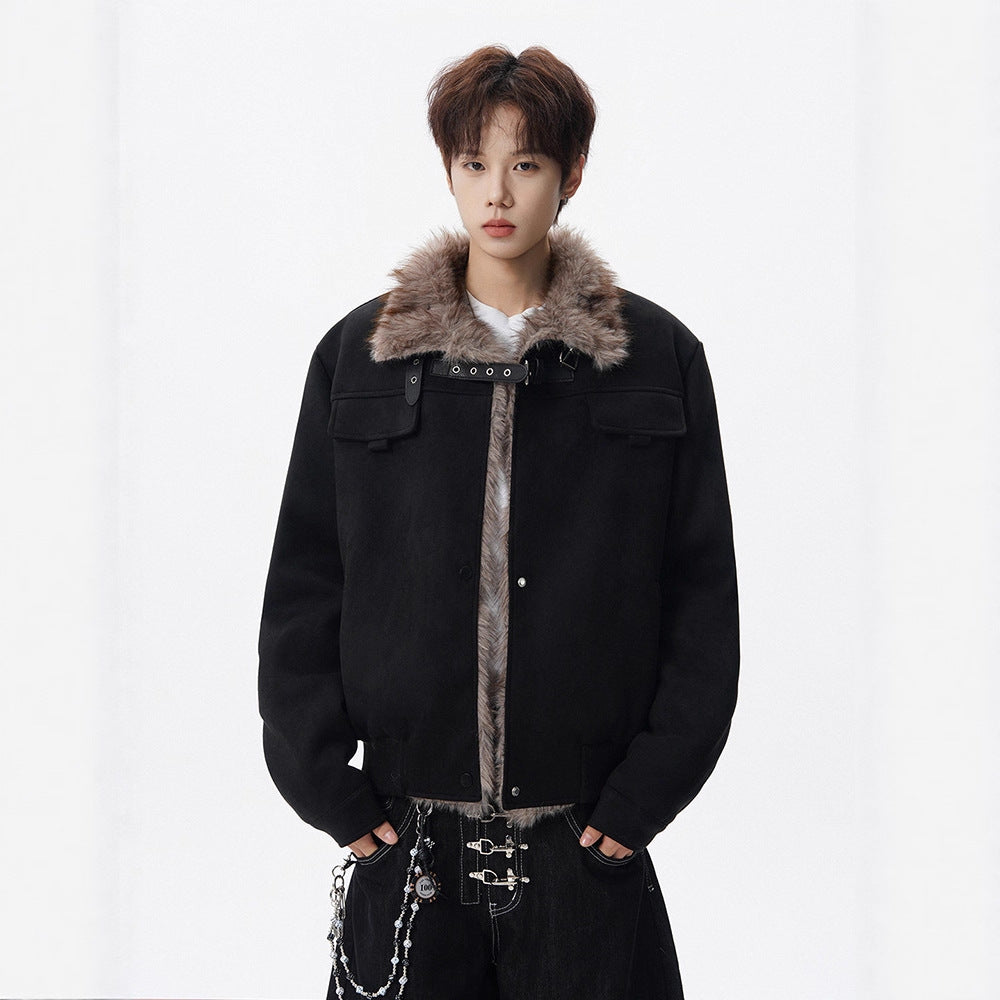 Retro Shearling Lapel Coat for Men Winter Fleece-Lined Thick Warm Loose Suede Motorcycle Style Cotton Jacket