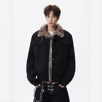 Retro Shearling Lapel Coat for Men Winter Fleece-Lined Thick Warm Loose Suede Motorcycle Style Cotton Jacket