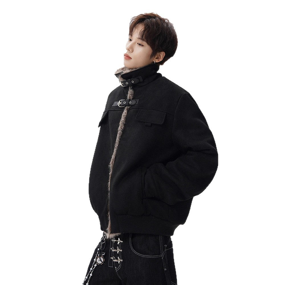 Retro Shearling Lapel Coat for Men Winter Fleece-Lined Thick Warm Loose Suede Motorcycle Style Cotton Jacket