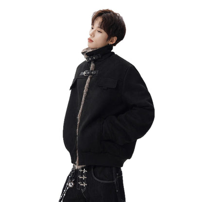 Retro Shearling Lapel Coat for Men Winter Fleece-Lined Thick Warm Loose Suede Motorcycle Style Cotton Jacket