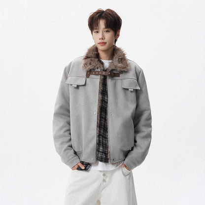 Retro Shearling Lapel Coat for Men Winter Fleece-Lined Thick Warm Loose Suede Motorcycle Style Cotton Jacket