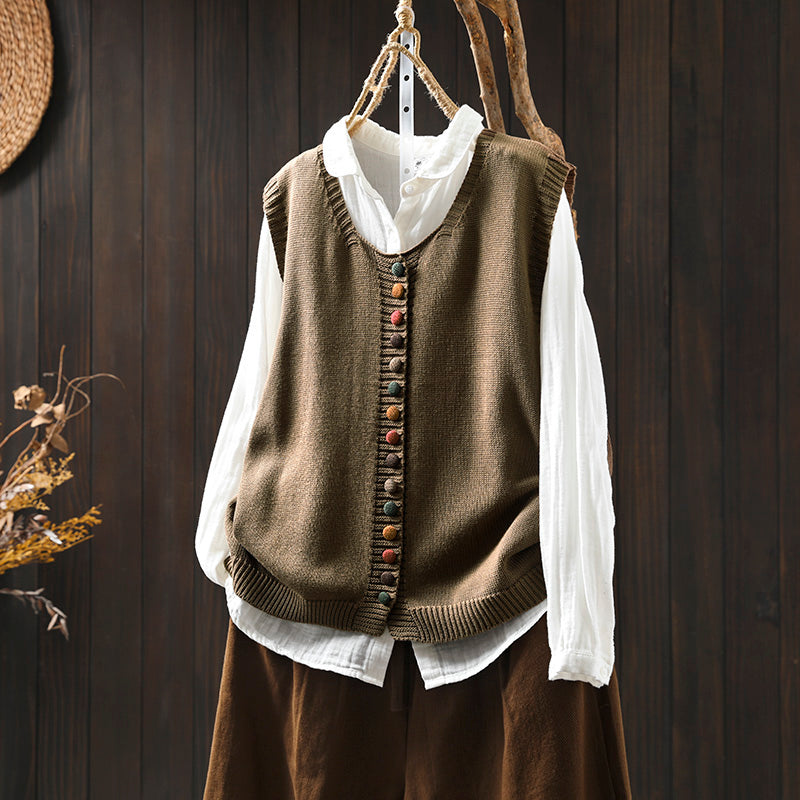 Colorful button cotton knitted vest for women