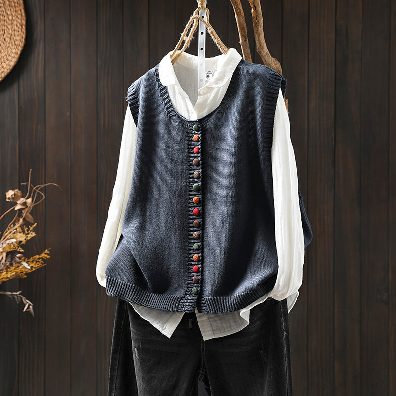 Colorful button cotton knitted vest for women